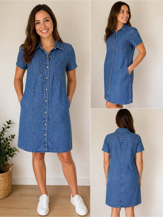 L.L. Bean Dresses & Skirts - L.L. Bean Denim Shirt Dress Button Front Blue Short Sleeve Size 14